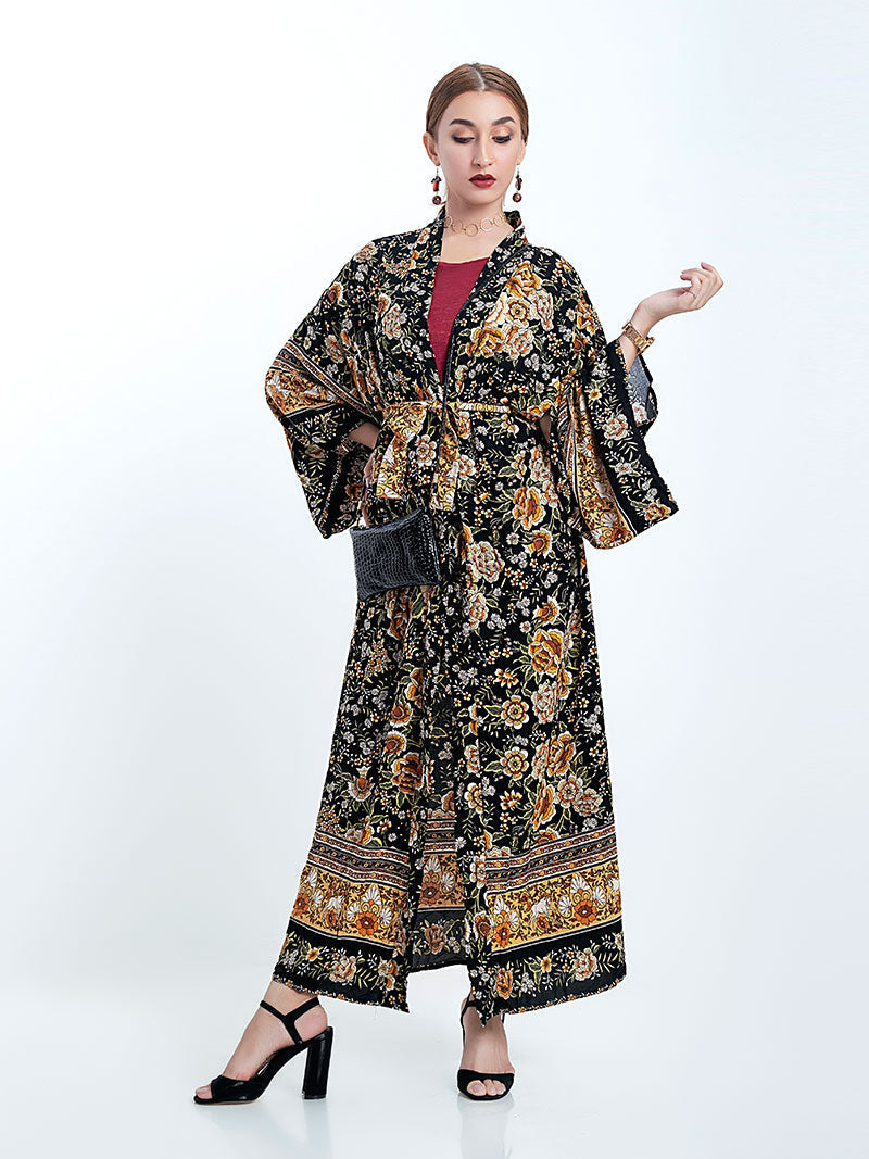 Partywear Floral Print Black Color Cotton Long Length Gown Kimono Duster Robe - Fashionpara