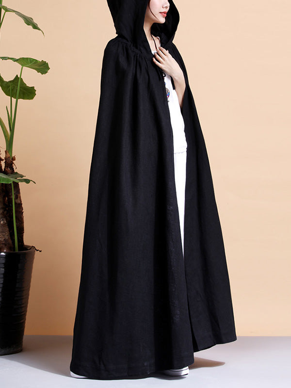 Solid Color Hooded Linen Cape Coat 17