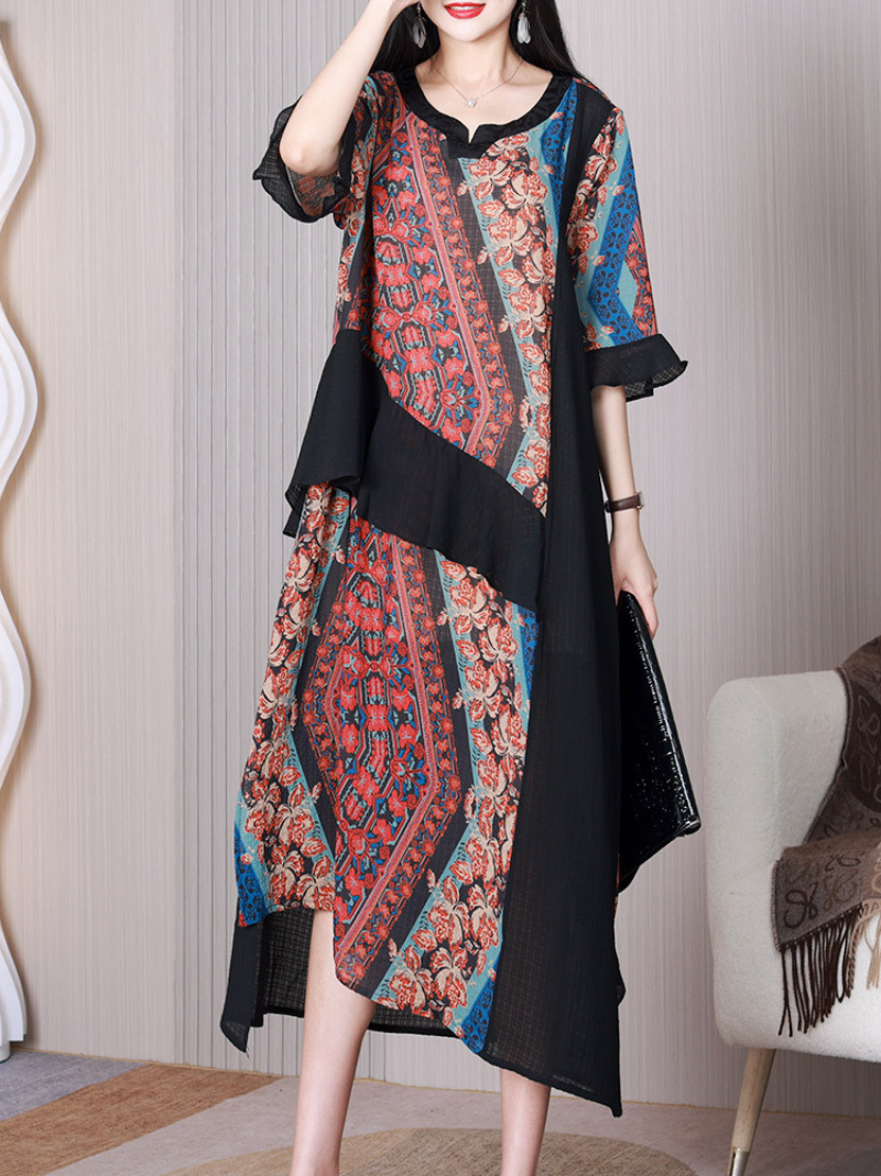 Floral Patchwork Print V-Neck Half Sleeve Asymmetric Midi Dress