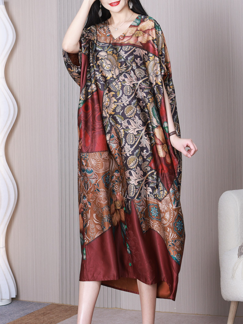 Floral Print V-Neck Batwing Sleeve Button Cocoon Midi Dress
