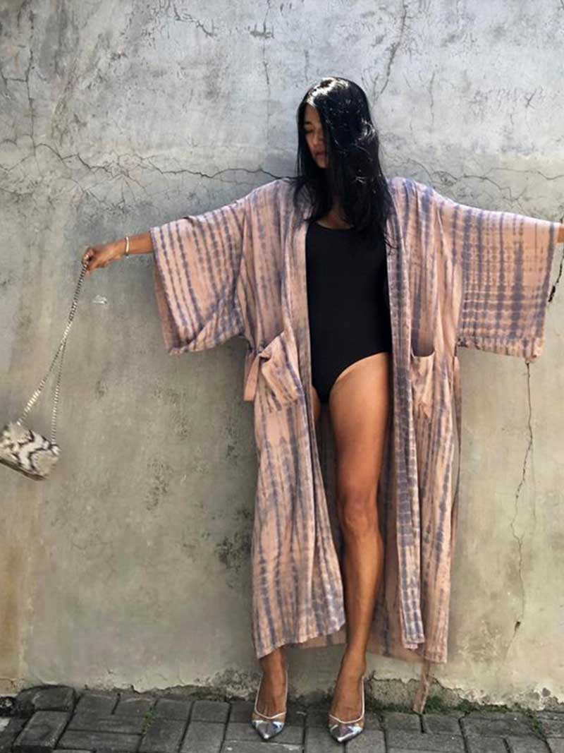 Tie-Dye Print Different Color Rayon Long Length Gown Kimono Duster Robe - Fashionpara
