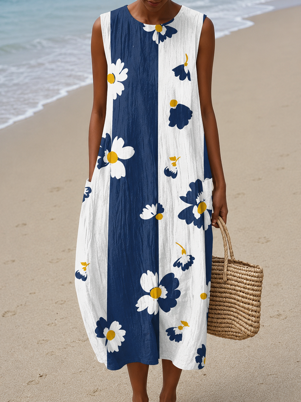 Floral Colorblock Sleeveless Pocket Midi Dress