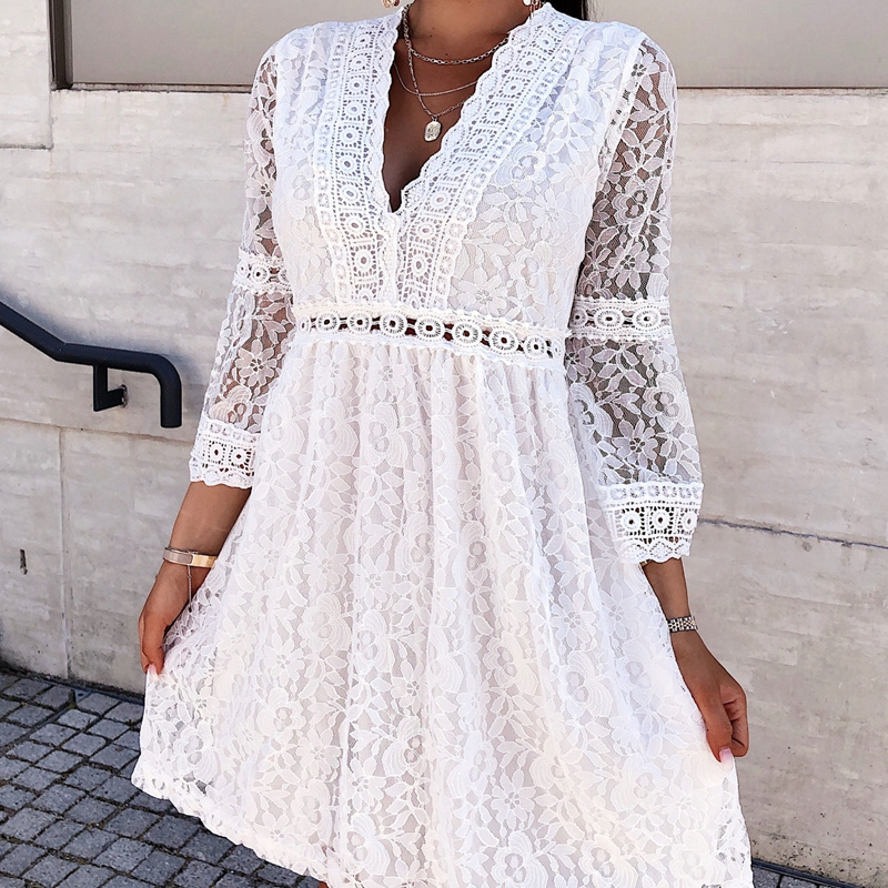 Floral Lace Deep V-Neck 3/4 Sleeve Crochet Trim A-Line Mini Dress