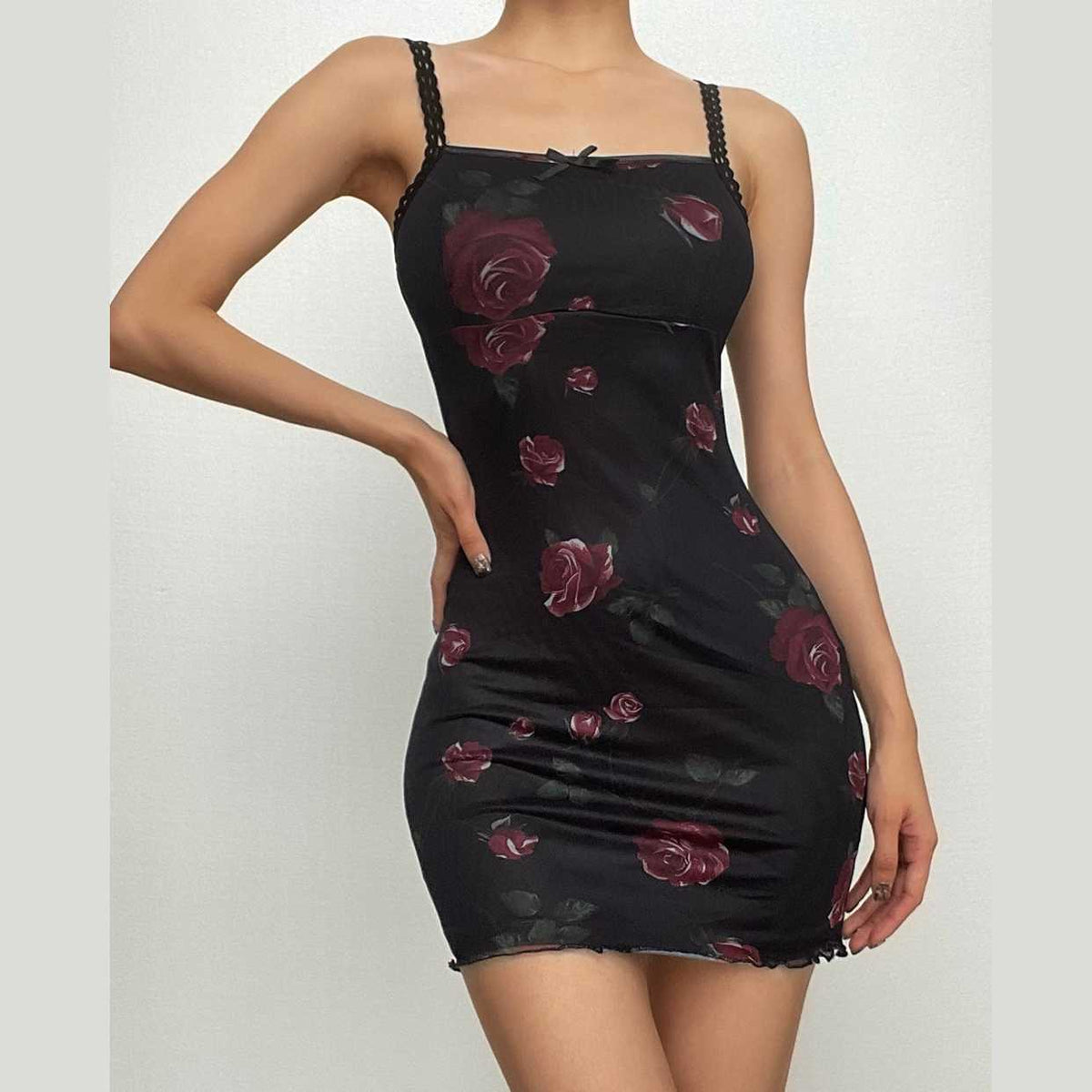 Floral Print Square Neck Spaghetti Strap Lace Trim Bodycon Mini Dress