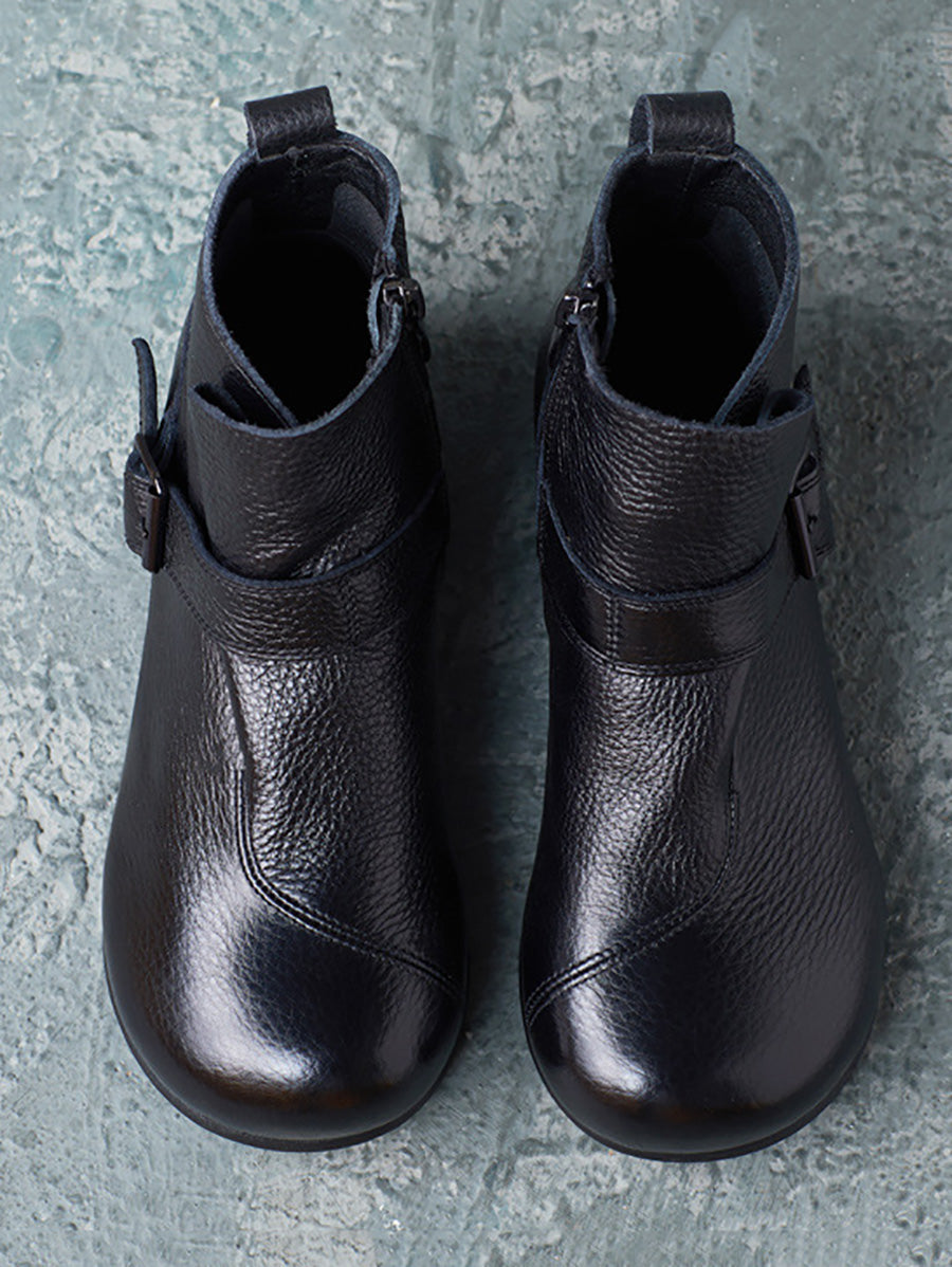 Vintage Autumn Soft Leather Buckle Low Heel Boots