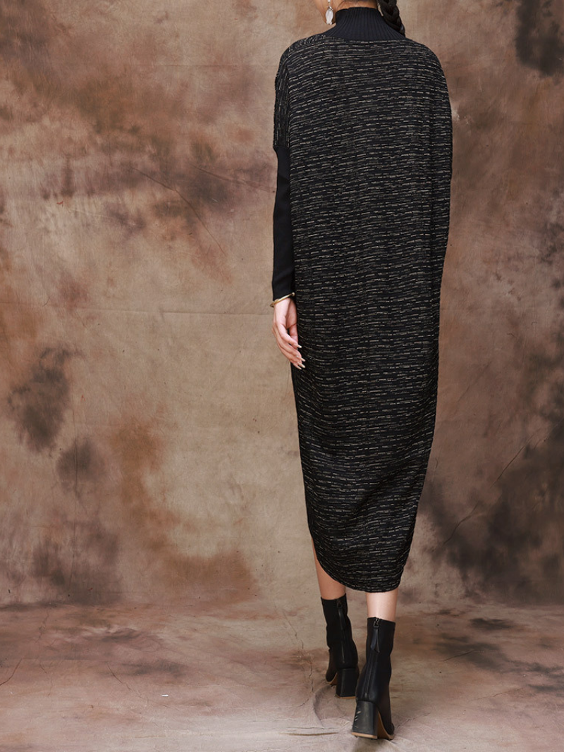 Plus Size Knitted Loose Bat Sleeve Stripe Midi Dress for Women - Fashionpara