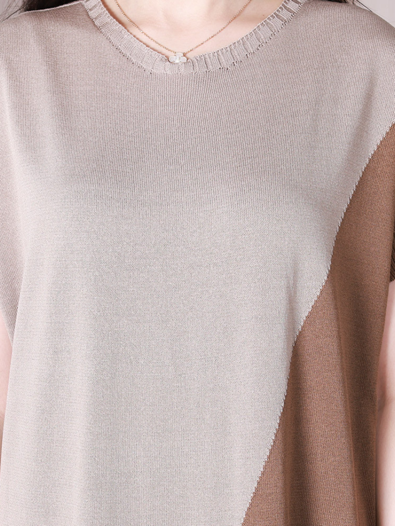 Two-Tone Knit Round-Neck Short-Sleeve Cocoon Midi Dress 5