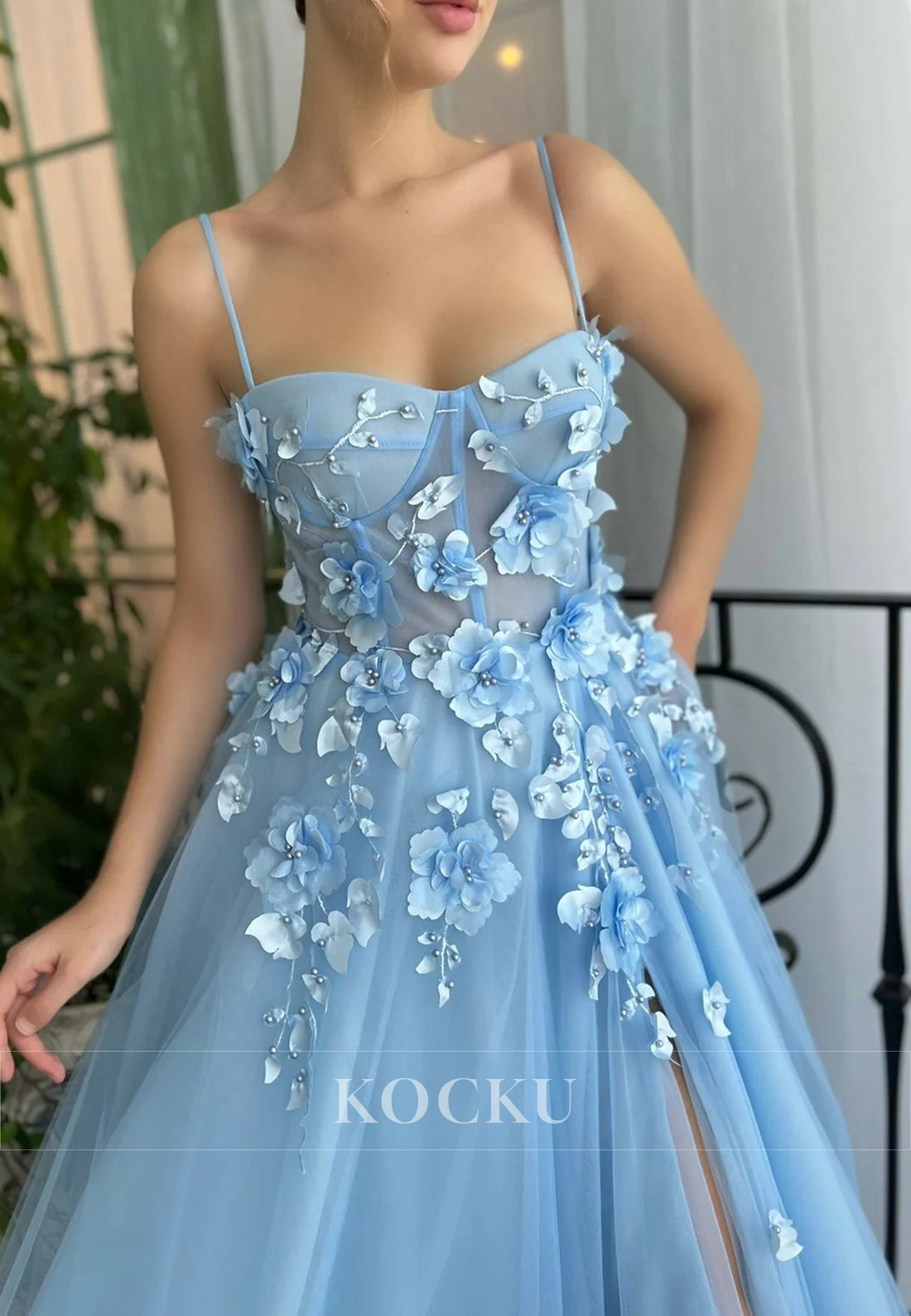 Blue Spaghetti Straps Beading Embellished Prom Dresses with Side Split