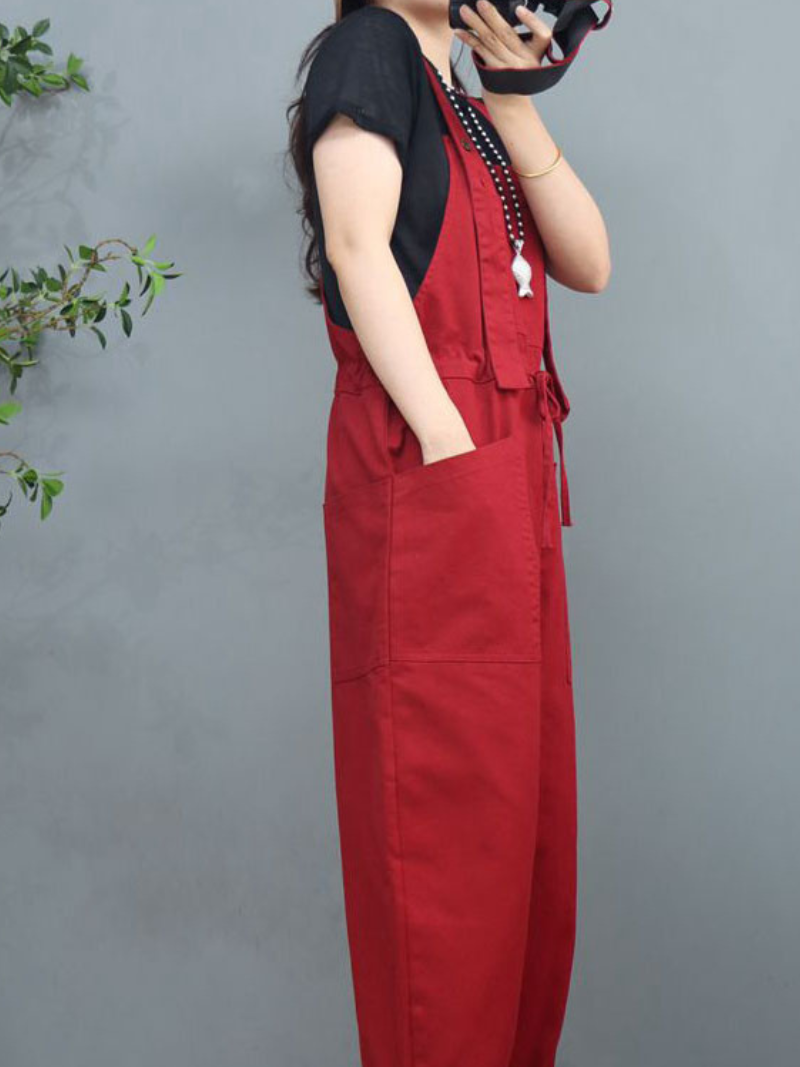 Waist Tie Belt Loose Wide-Leg Boho Pockets Overalls - Fashionpara
