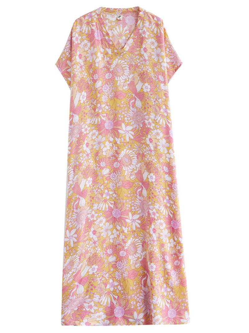 Floral Print V-Neck Short Sleeve Kaftan Maxi Dress 4