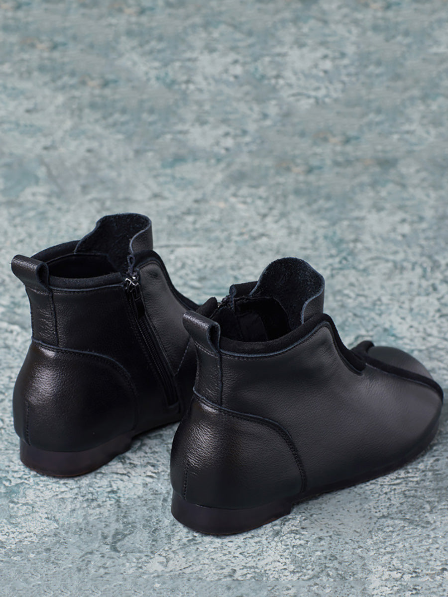 Genuine Leather Spliced Solid Low Heel Ankle Boots