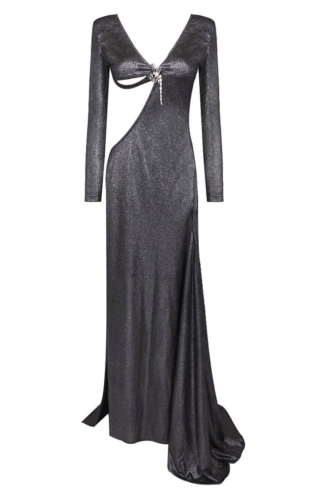 Sequin Long Sleeve Open Back High Split Maxi Gown 11