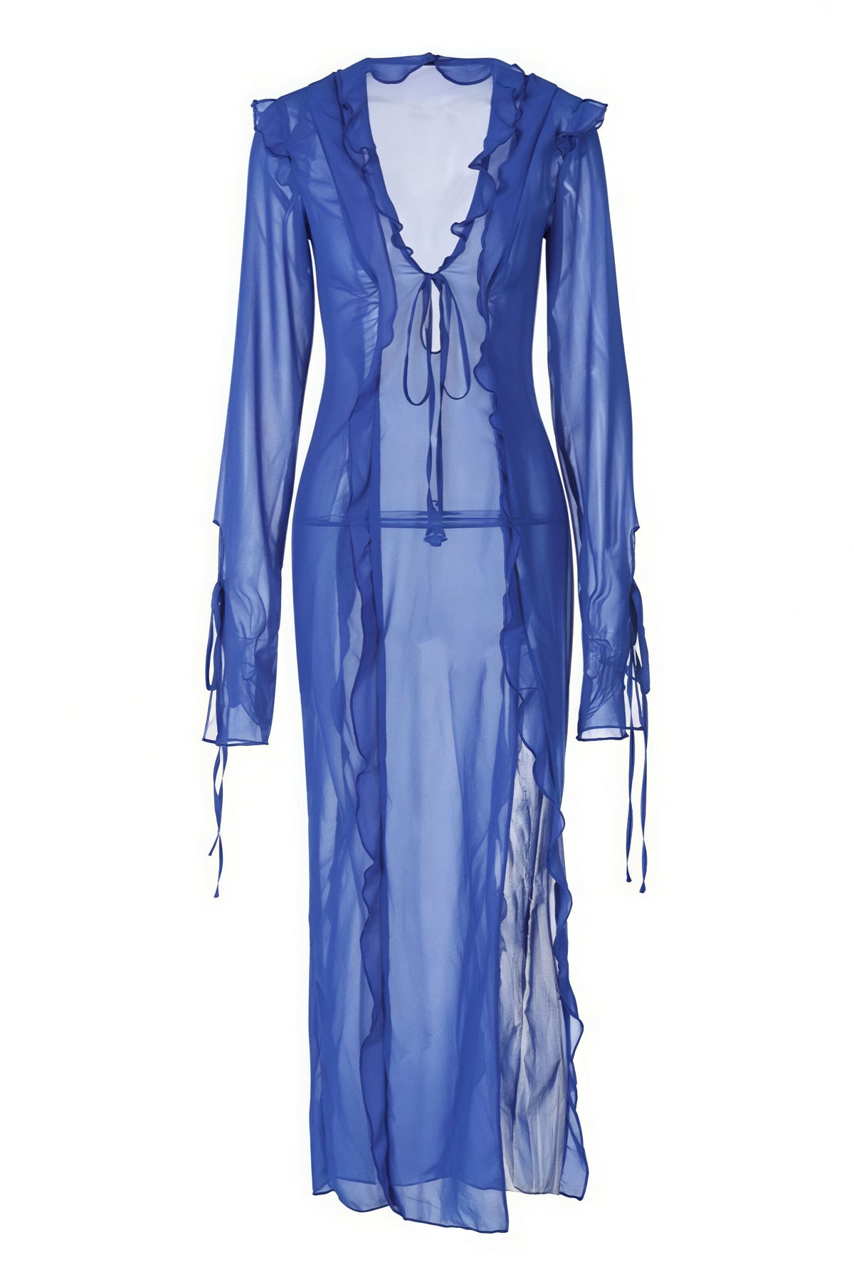 Sheer Organza Plunge Long Sleeve High Split Maxi Dress 7