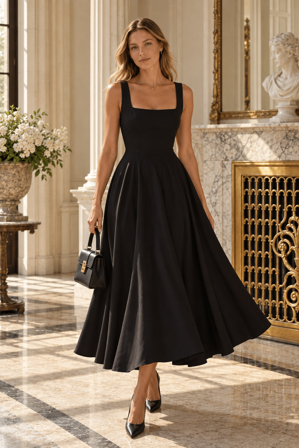 Square Neck Sleeveless Fit and Flare Midi Dress
