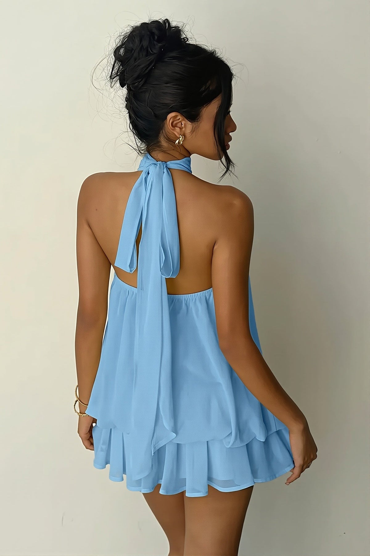 Chiffon Halter Neck Tiered Babydoll Mini Dress