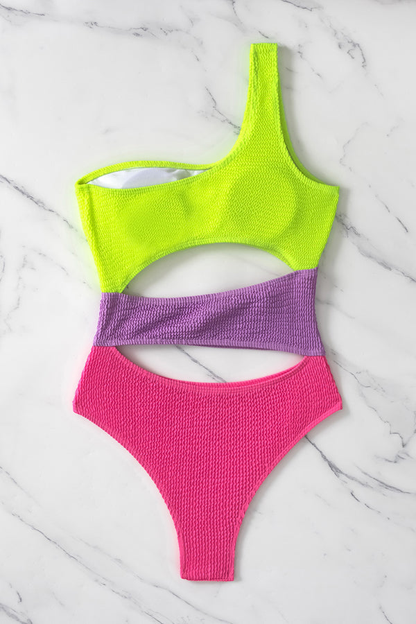 One-Shoulder Contrast Panel Cutout One-Piece Swimsuit - Fashionpara