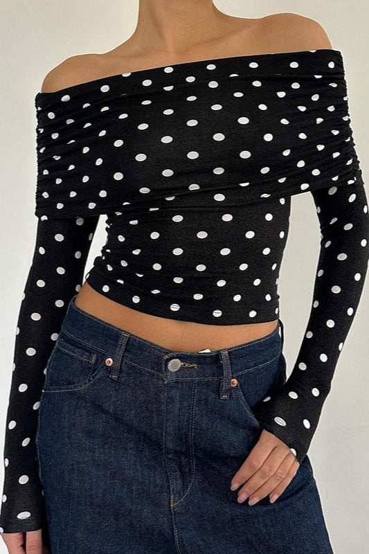 Polka Dot Color Block Off-Shoulder Crop Top - Fashionpara