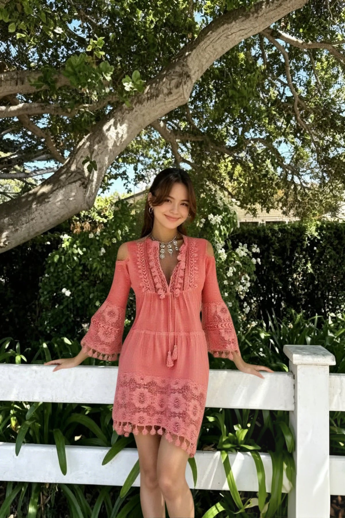Crochet Trim V-Neck Bell Sleeve Tiered Maxi Dress 7
