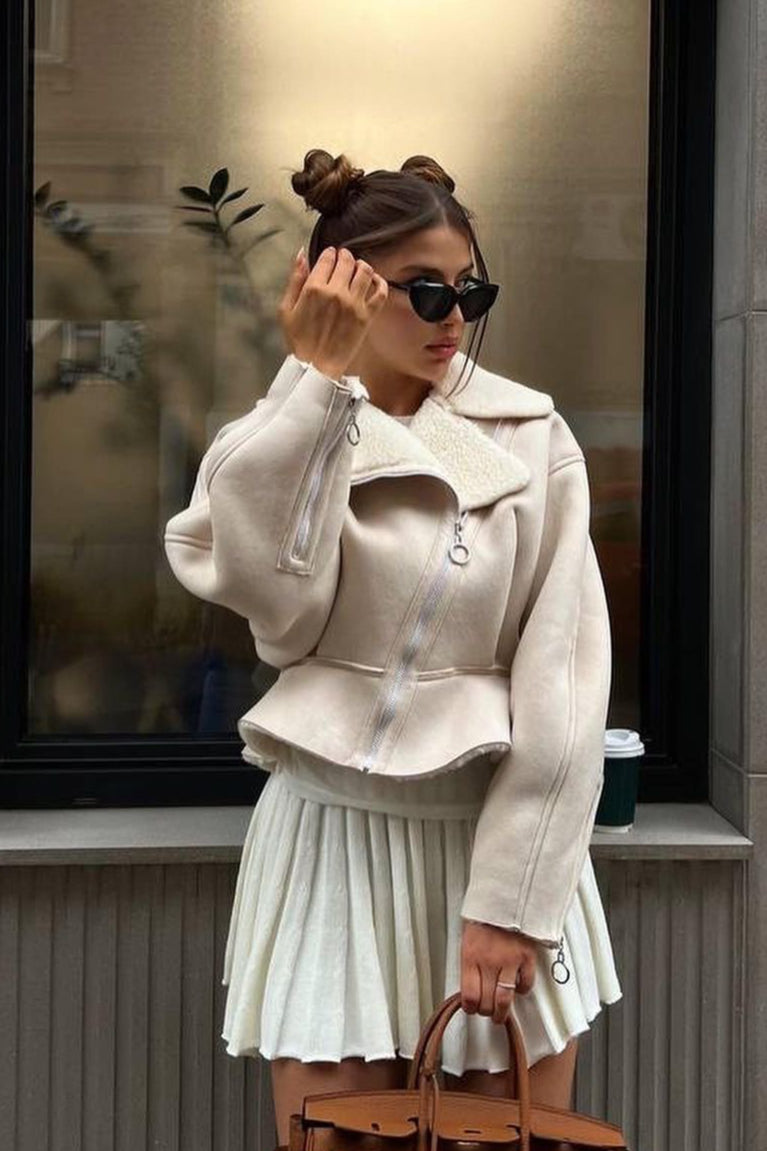 Odd Zip Leather Fur Pieced Coat 9