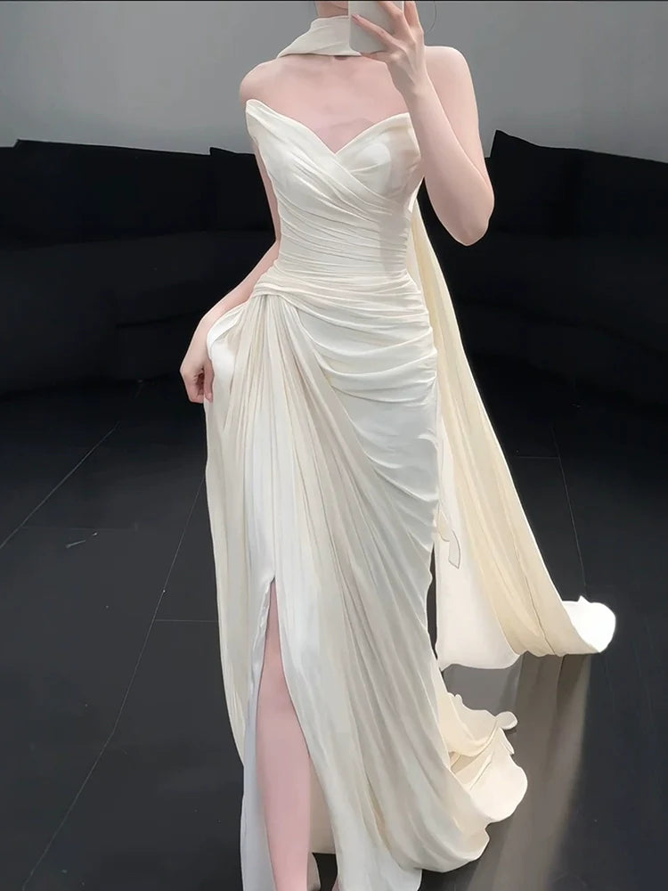 Strapless Pleat Long Wedding Dress Evening Party Dresses