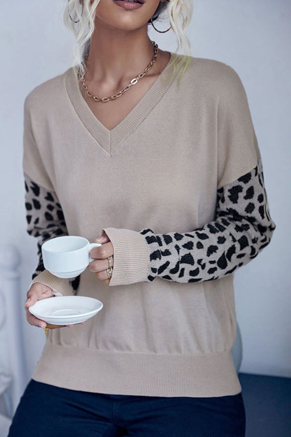 PrincessAce Knit V-Neck Leopard Panel Sweater for Elegance