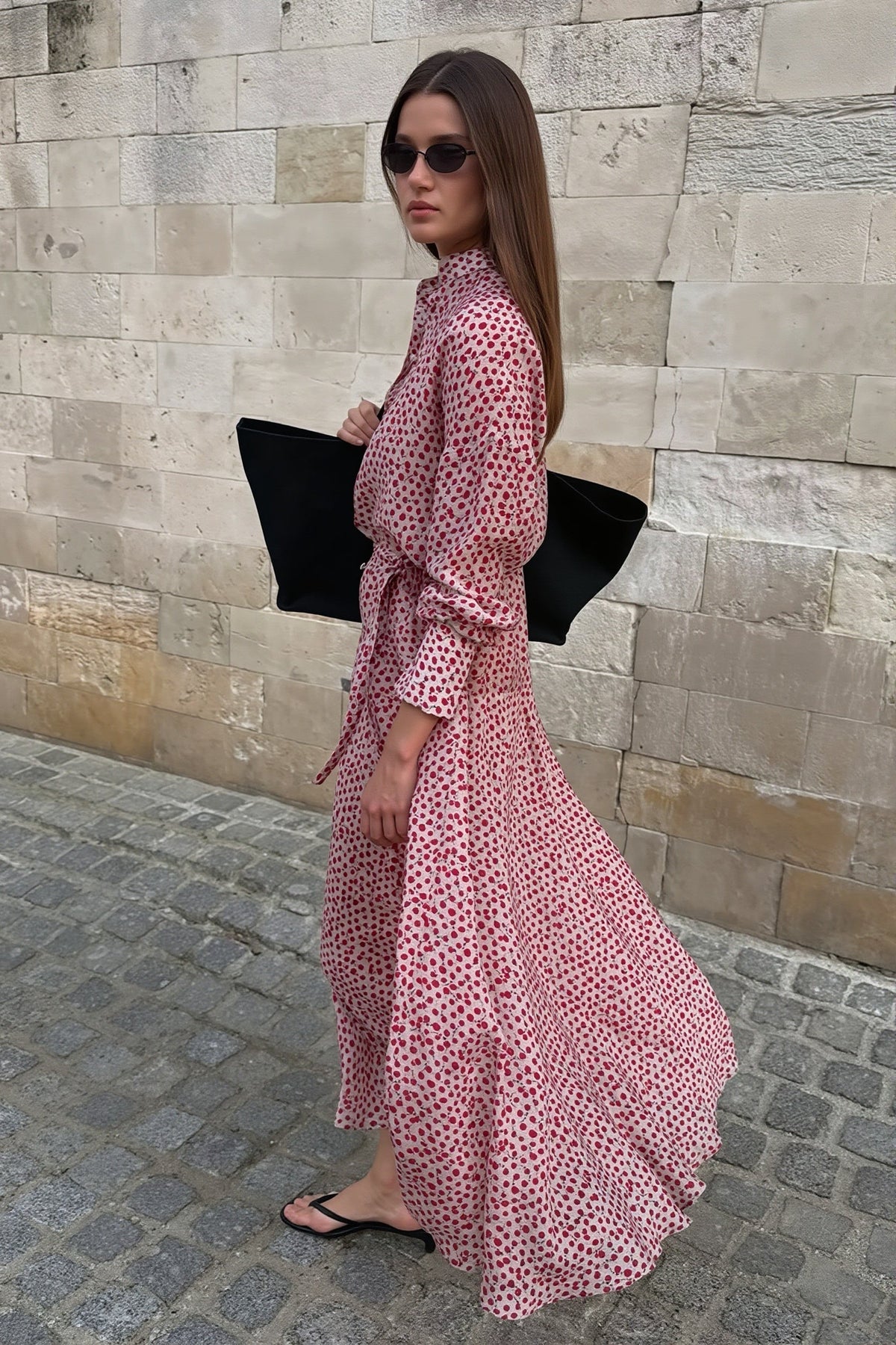 Spot Print Long Sleeve Tiered Shirt Maxi Dress