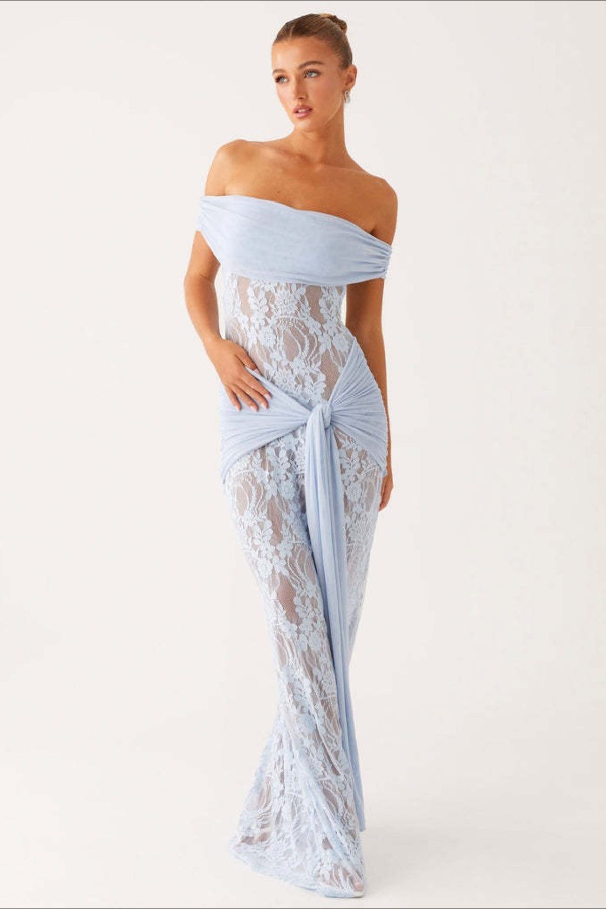 Off Shoulder Floral Lace Draped Sheer Maxi Gown