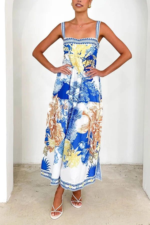 Unique Printed Square Neck Backless Pocket Maxi Dress - Fashionpara