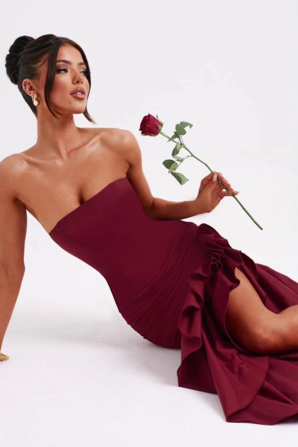 Strapless Contrast Ruffle High Low Maxi Dress 9