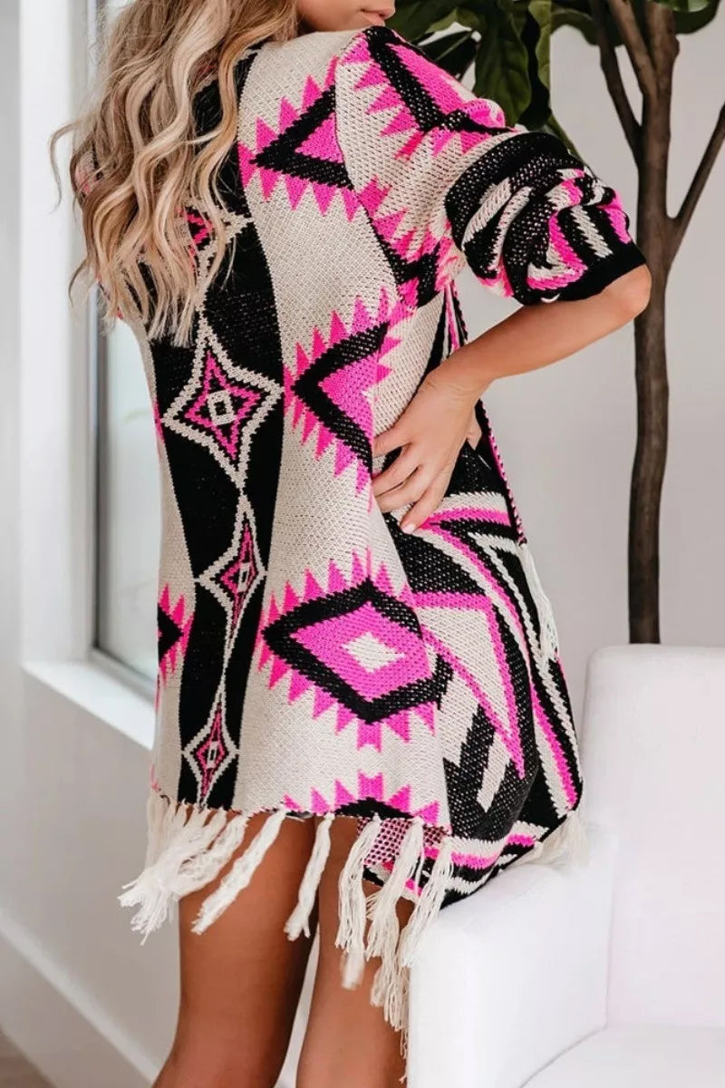 Geometric Print Tassel Design Cardigan  Fashionpara