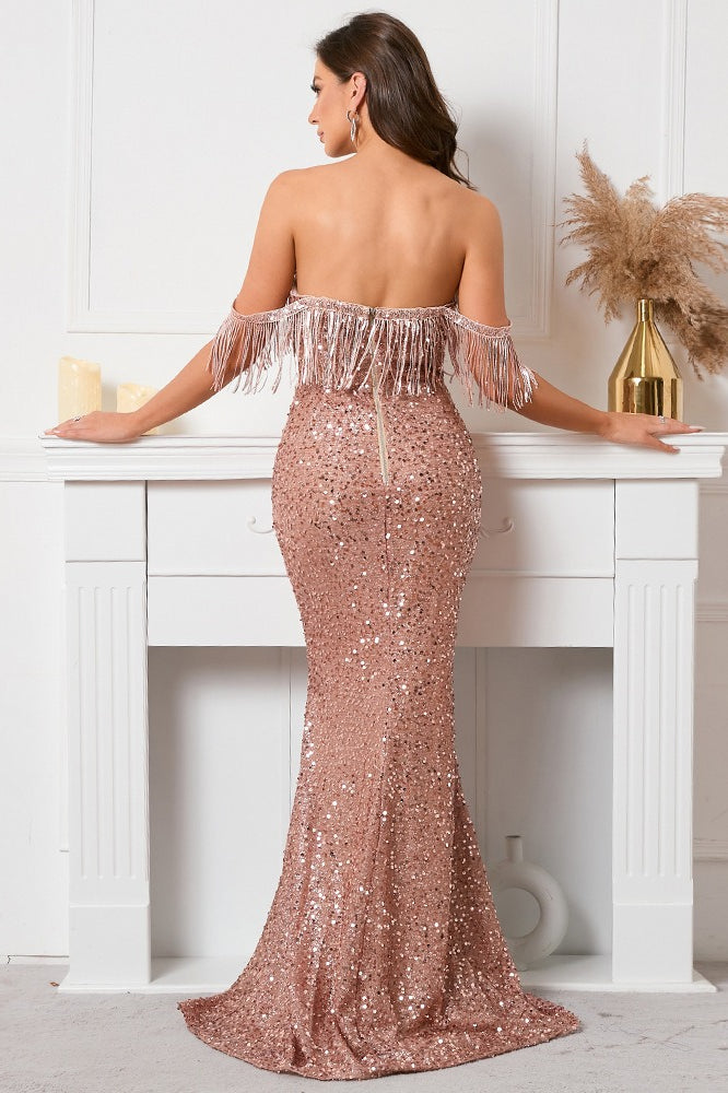Sequin Off-Shoulder Fringe-Trim Mermaid Evening Gown 4
