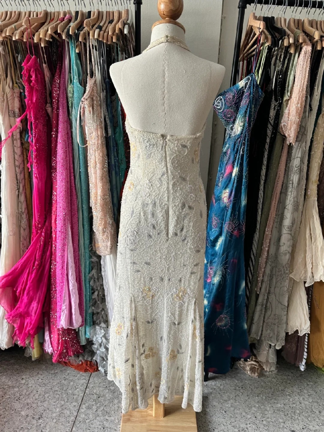 Vintage Ivory Mermaid High-Neck Beaded Floral Mesh Long Prom Dress Evening Dress P4220