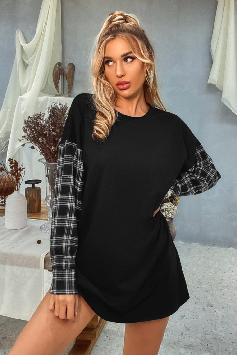 RadyRin Chic Round Neck Plaid Sweater Dress for Elegance