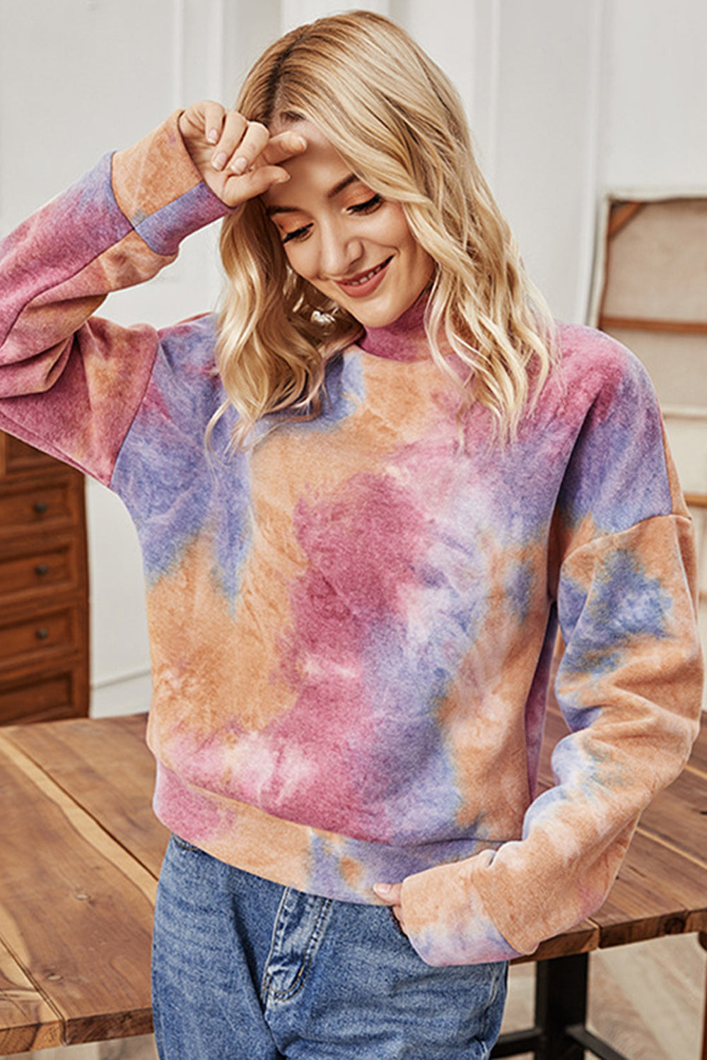 RadyRin Long-Sleeved High-Neck Tie-Dye Sweater for Elegance