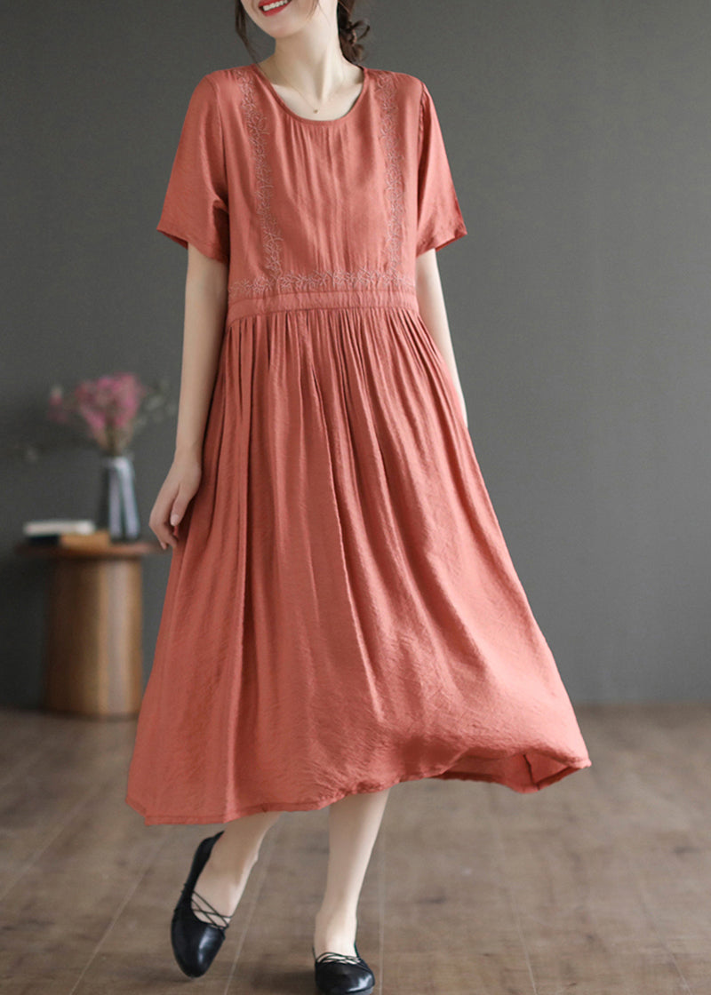 Embroidered Panel Round Neck Short Sleeve Gathered Midi Dress - View 2
