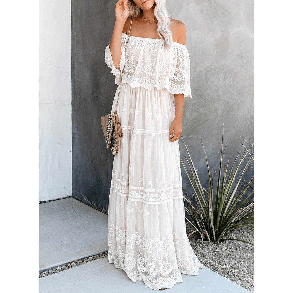 Embroidered Off Shoulder Tiered Maxi Dress