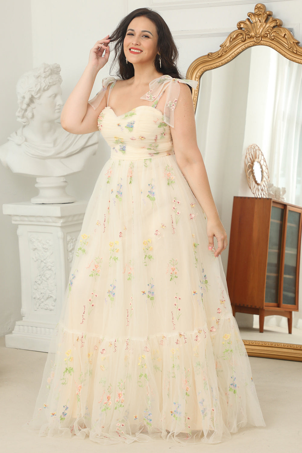 Plus Size Champagne Long Prom Dress With Embroidery - Fashionpara