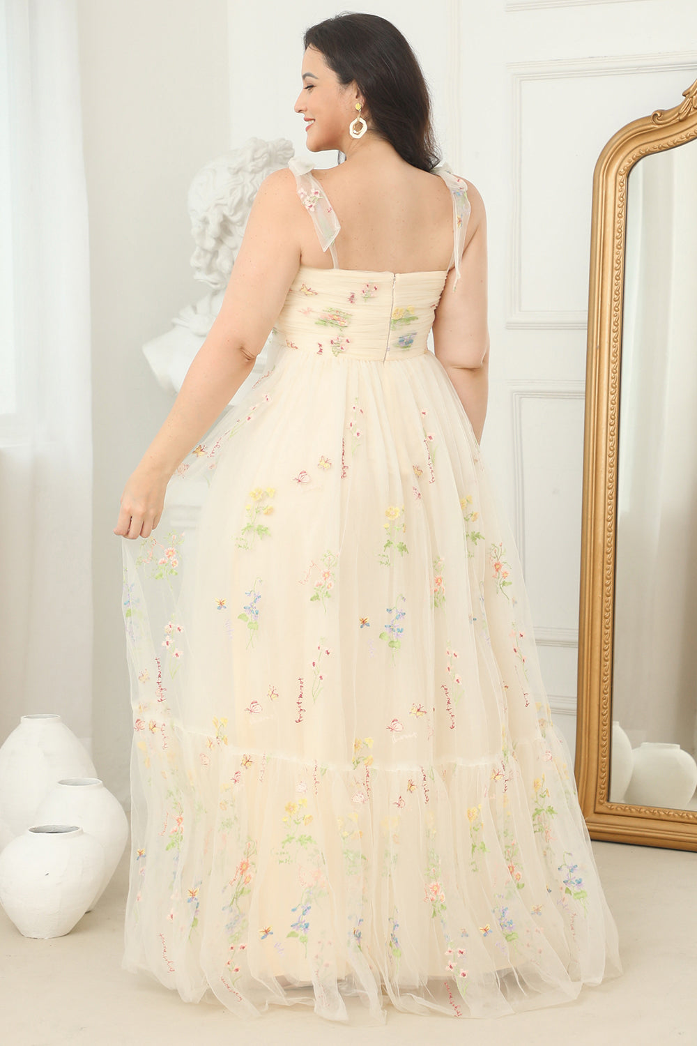 Plus Size Champagne Long Prom Dress With Embroidery - Fashionpara
