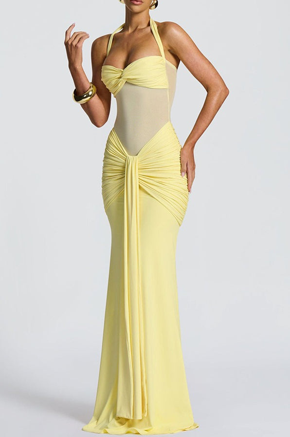 Halter Twist-Front Mesh Panel Ruched Mermaid Gown