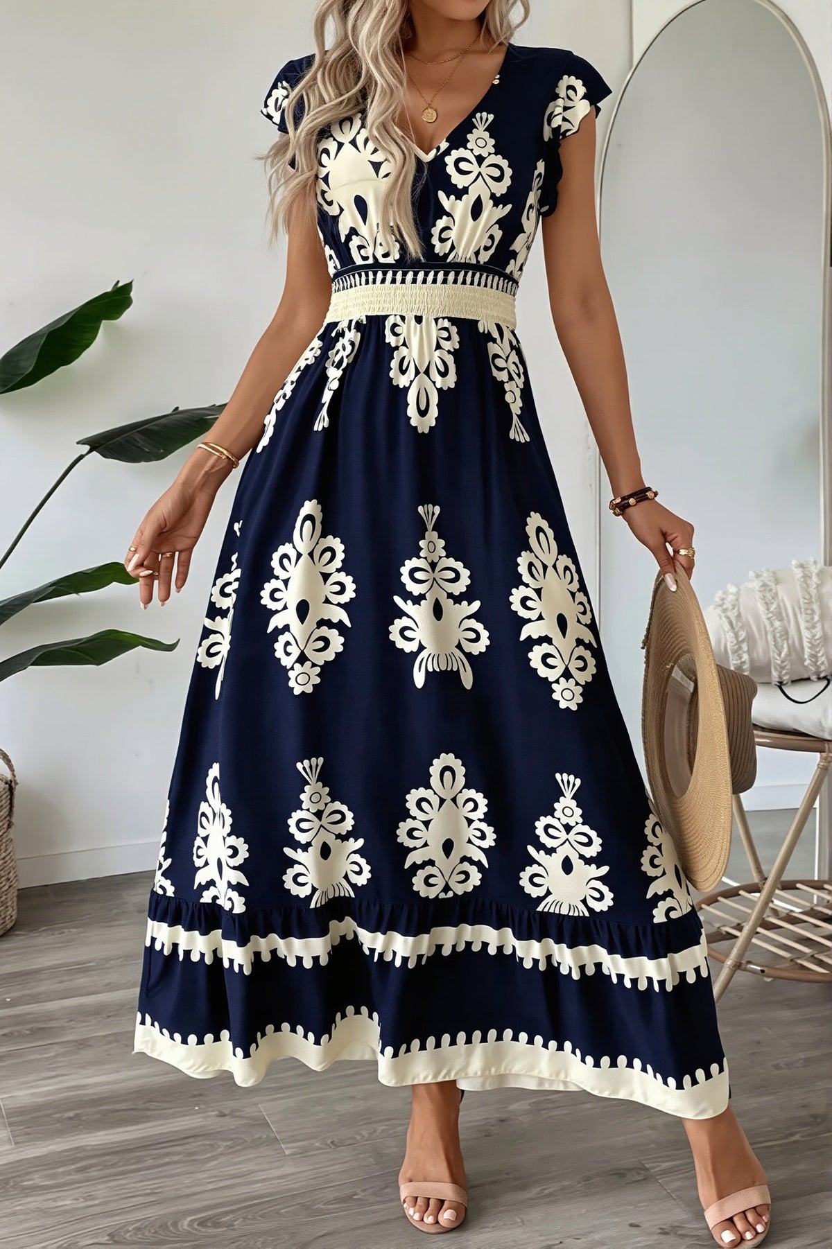 Baroque Print V-Neck Flutter Sleeve Midi Dress