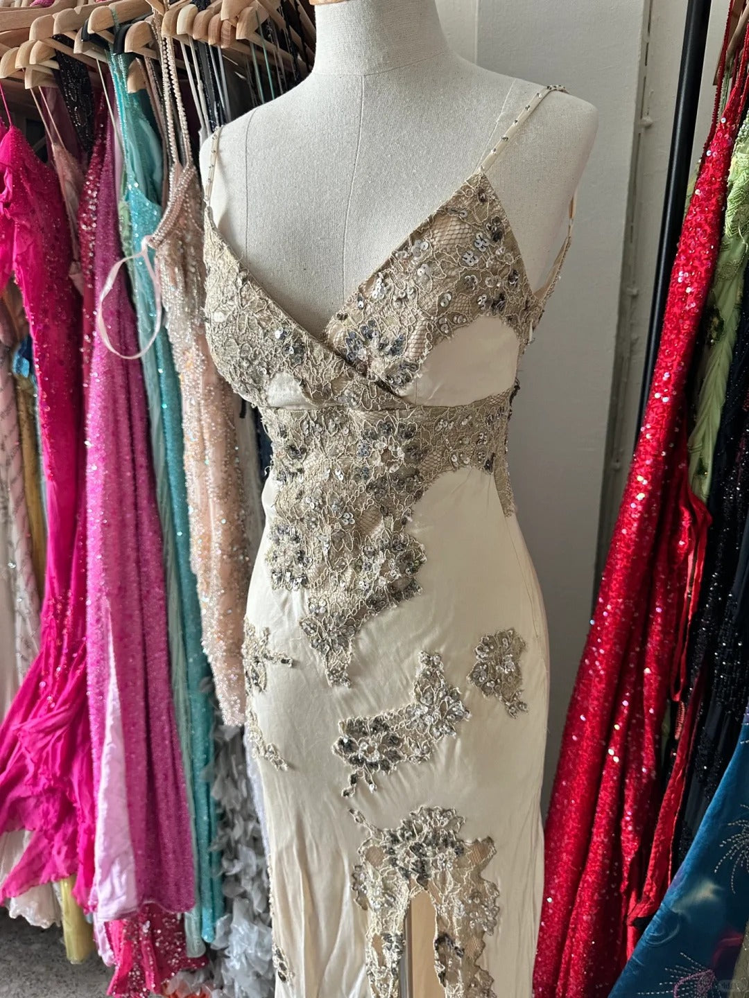 Vintage Ivory Mermaid Strappy V-Neck Lace Slit Satin Long Prom Dress Evening Dress P4221