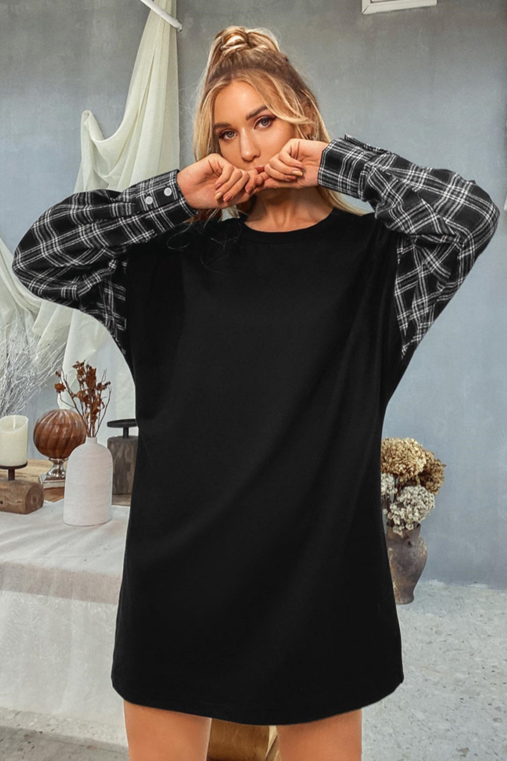 Round Neck Stitching Plaid Sweater Dress - Fashionpara