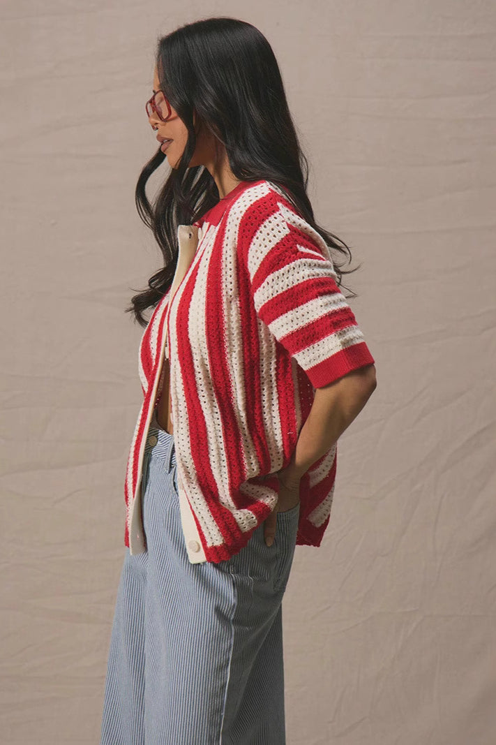 Colorblock Striped Knit Cardigan with Folded Collar Design