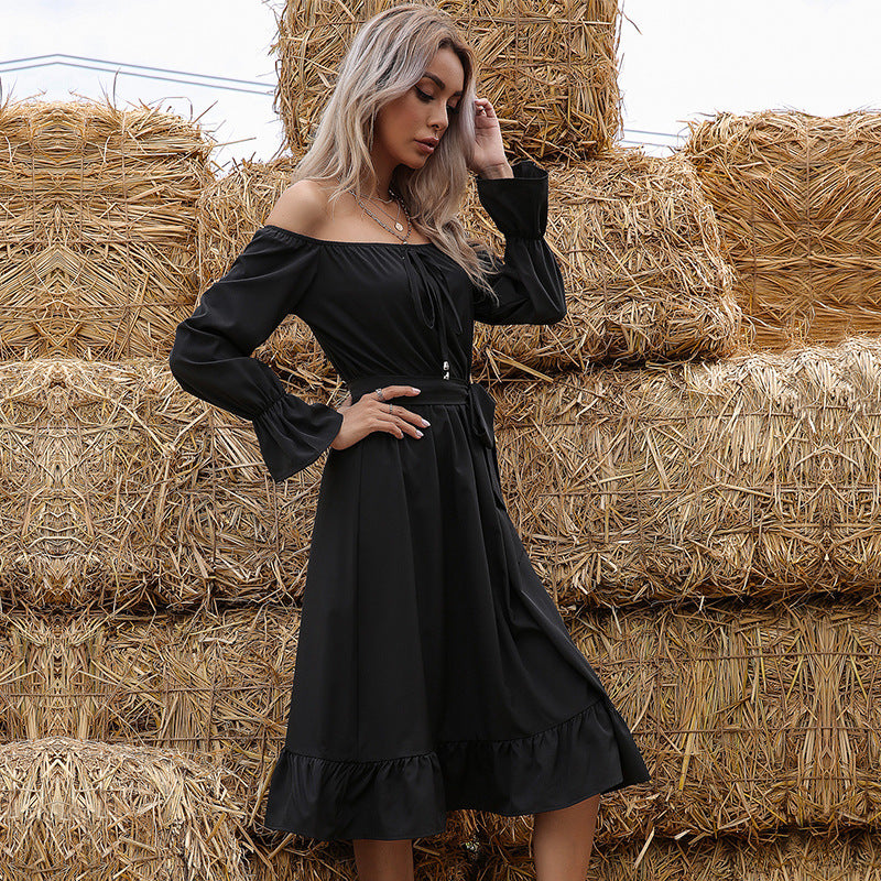 Off Shoulder Long Sleeve Ruffle Hem Fit & Flare Midi