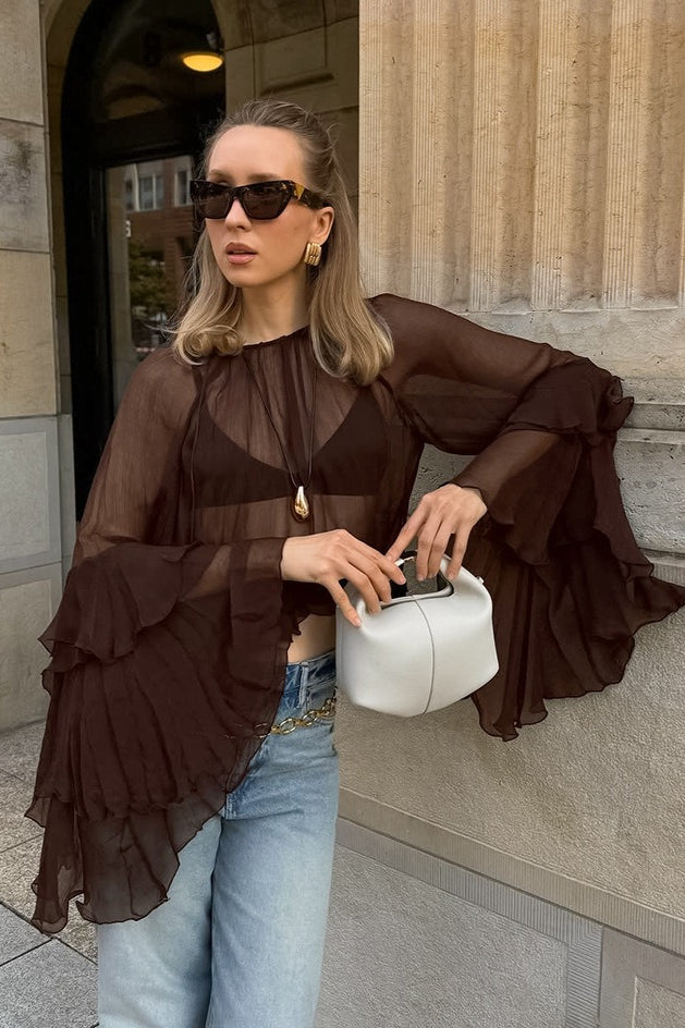 Ruffle Sleeve Loose Chiffon Blouse - Fashionpara