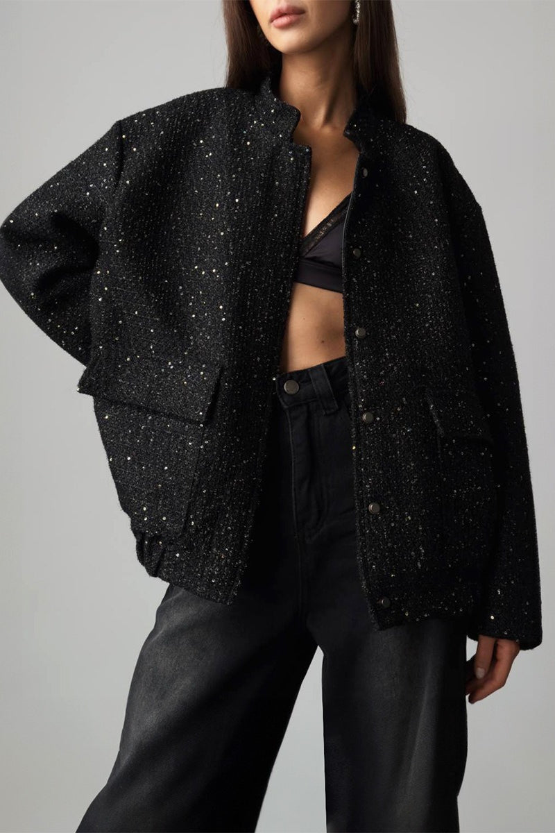 Loose Fit Sequin Bomber Coat - Fashionpara