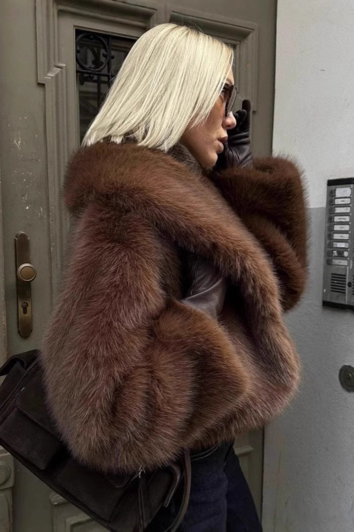 Retro Solid Color Plush Warm Short Notch Collar Coat