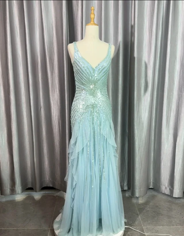Gorgeous Light Blue V-neck Ruffled Sequined Chiffon Long Prom Dress Evening Dress P4224