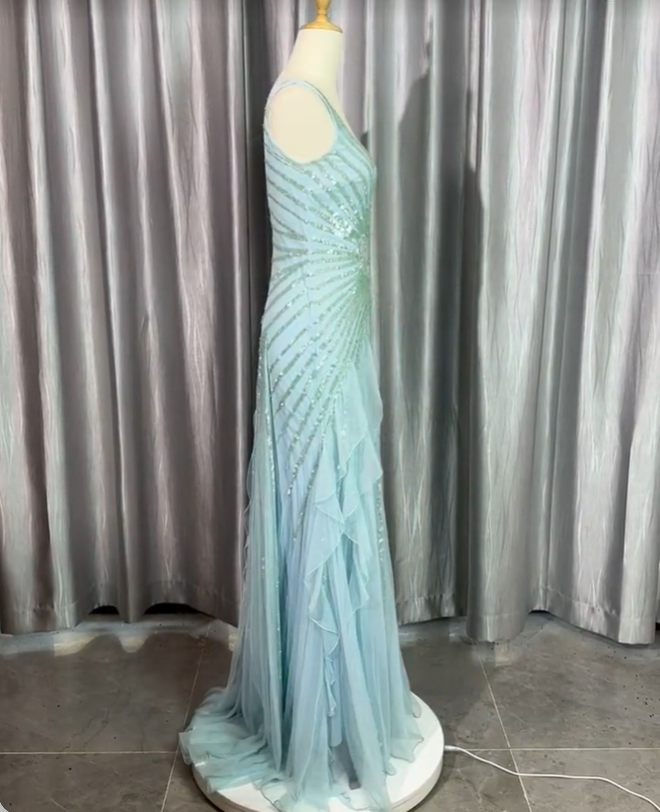 Gorgeous Light Blue V-neck Ruffled Sequined Chiffon Long Prom Dress Evening Dress P4224