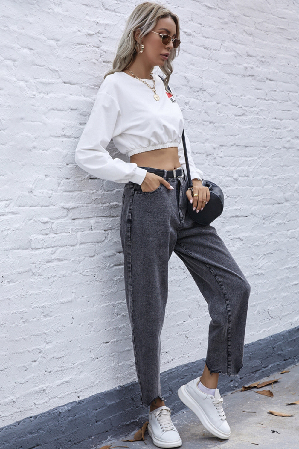 High Waist Irregular Denim Straight Trousers